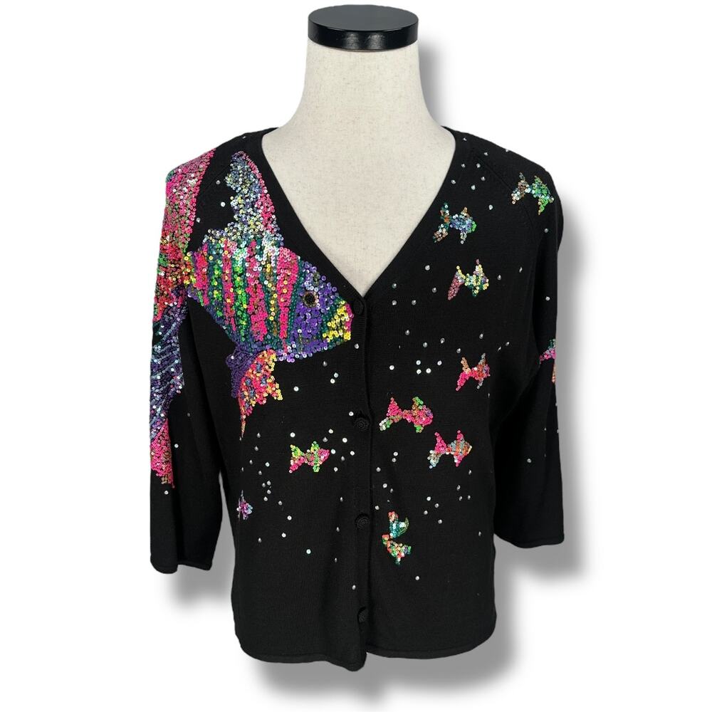 Vintage Michael Simon Fish Cardigan Sweater Women’s‎ XL Silk Blend Sequin Black
